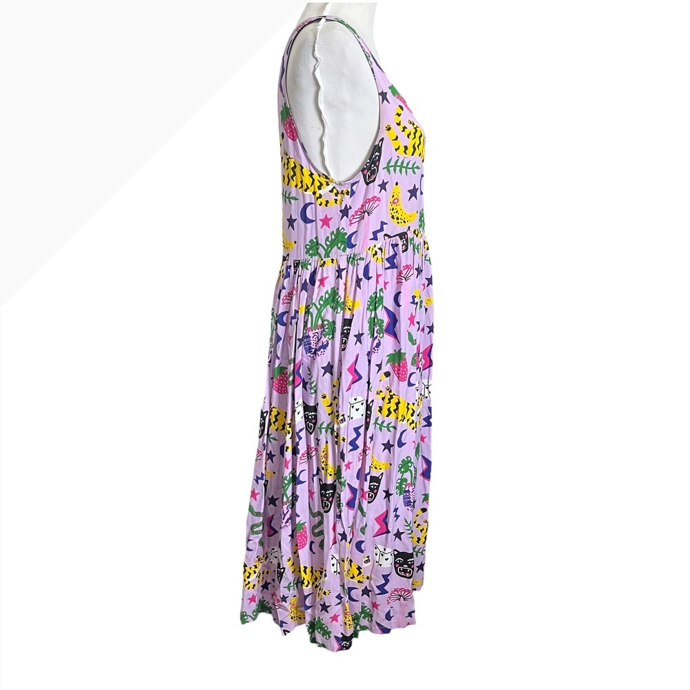 Nooworks Naomi Dress Hasting Print Purple Retro Rayon Midi Sleeveless Medium - Picture 4 of 9